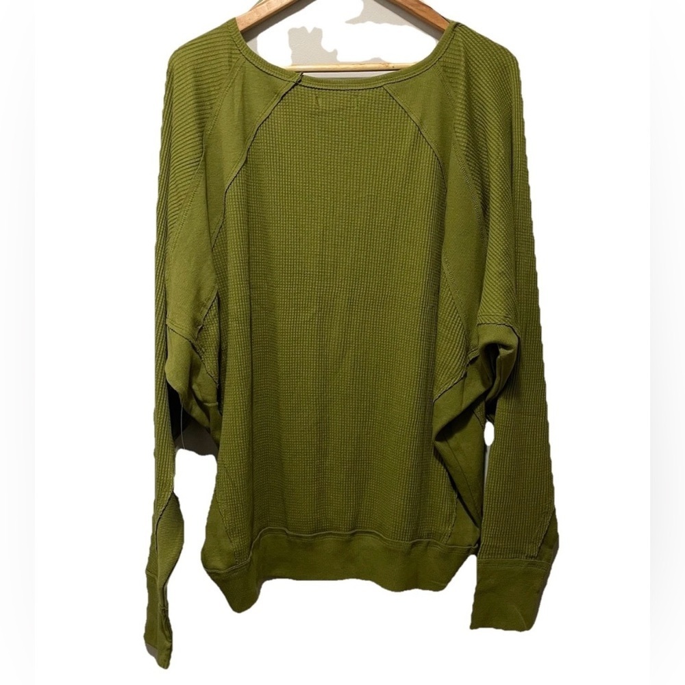 Free People Olive Green Waffle Knit Thermal Top Womens Large V Neck Boho - Picture 4 of 5